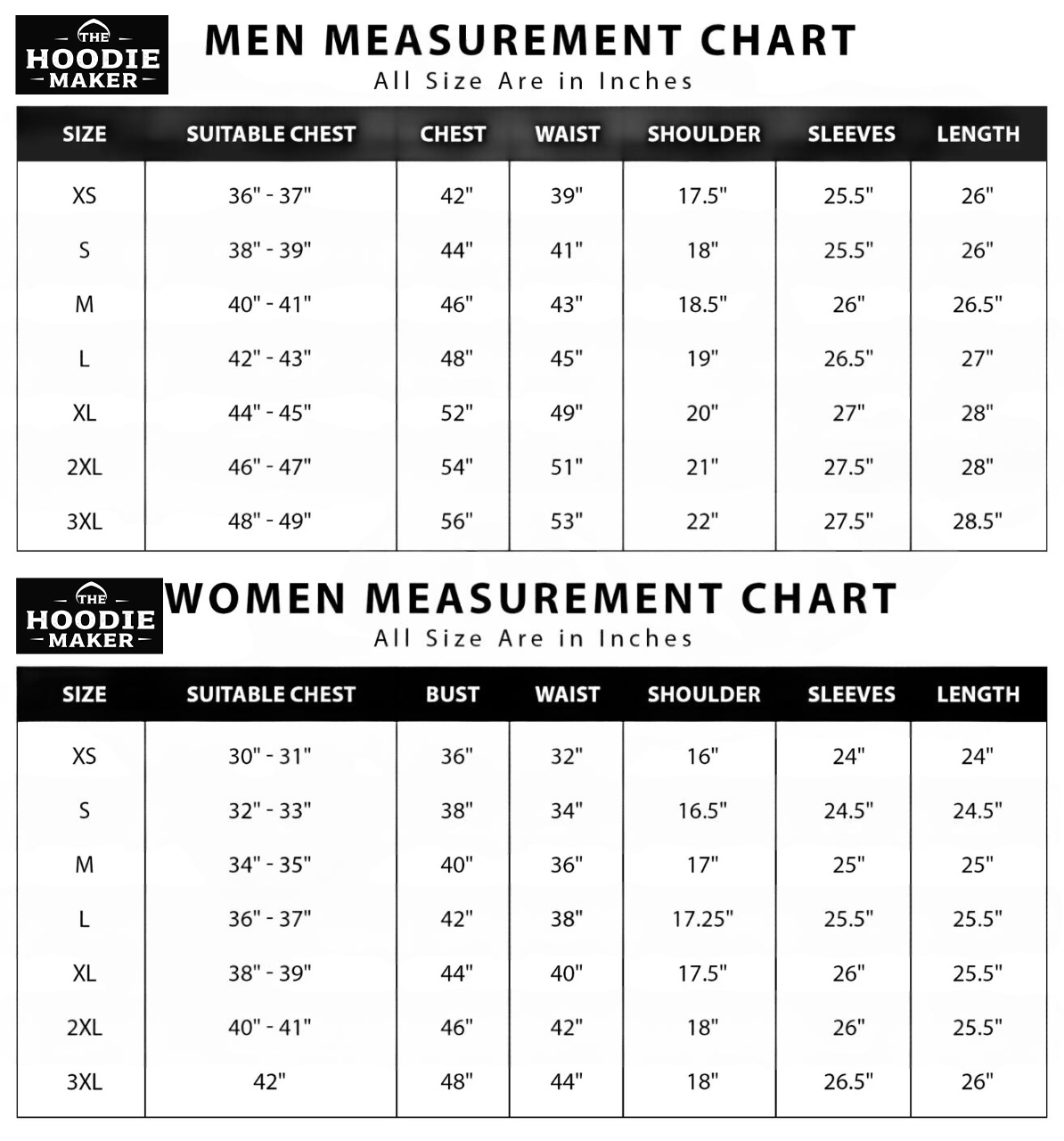 The Hoodie Maker Size Chart