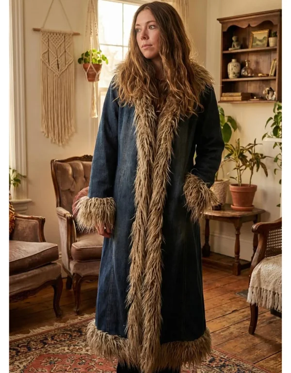 Penny Lane 70s Denim Duster Coat Faux Shearling | Retro Penny Lane 70s Denim Duster Coat Faux Shearling | Retro