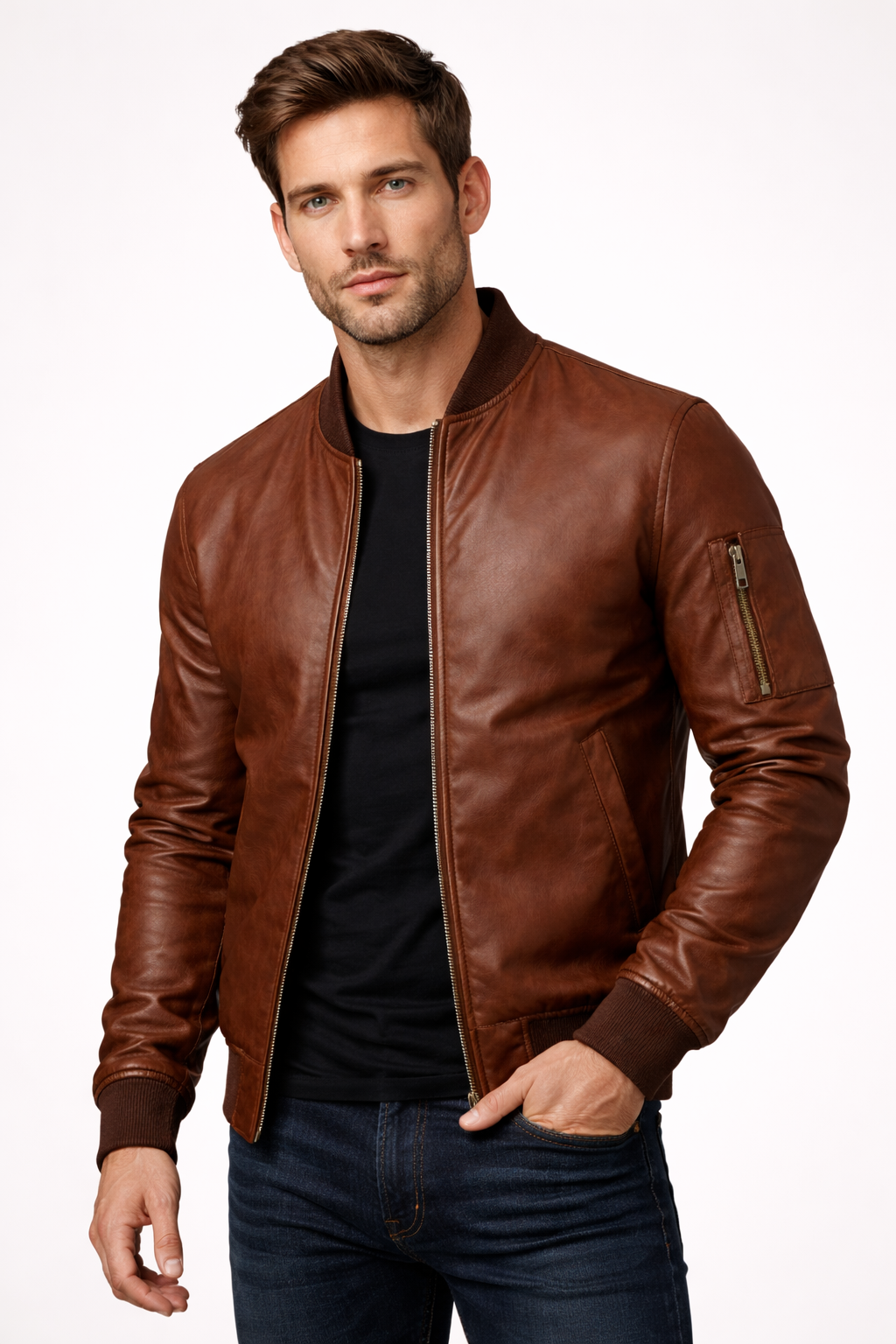 Men's Brown Sheepskin Leather Bomber | Polyester Insulated Men's Brown Sheepskin Leather Bomber | Polyester Insulated
