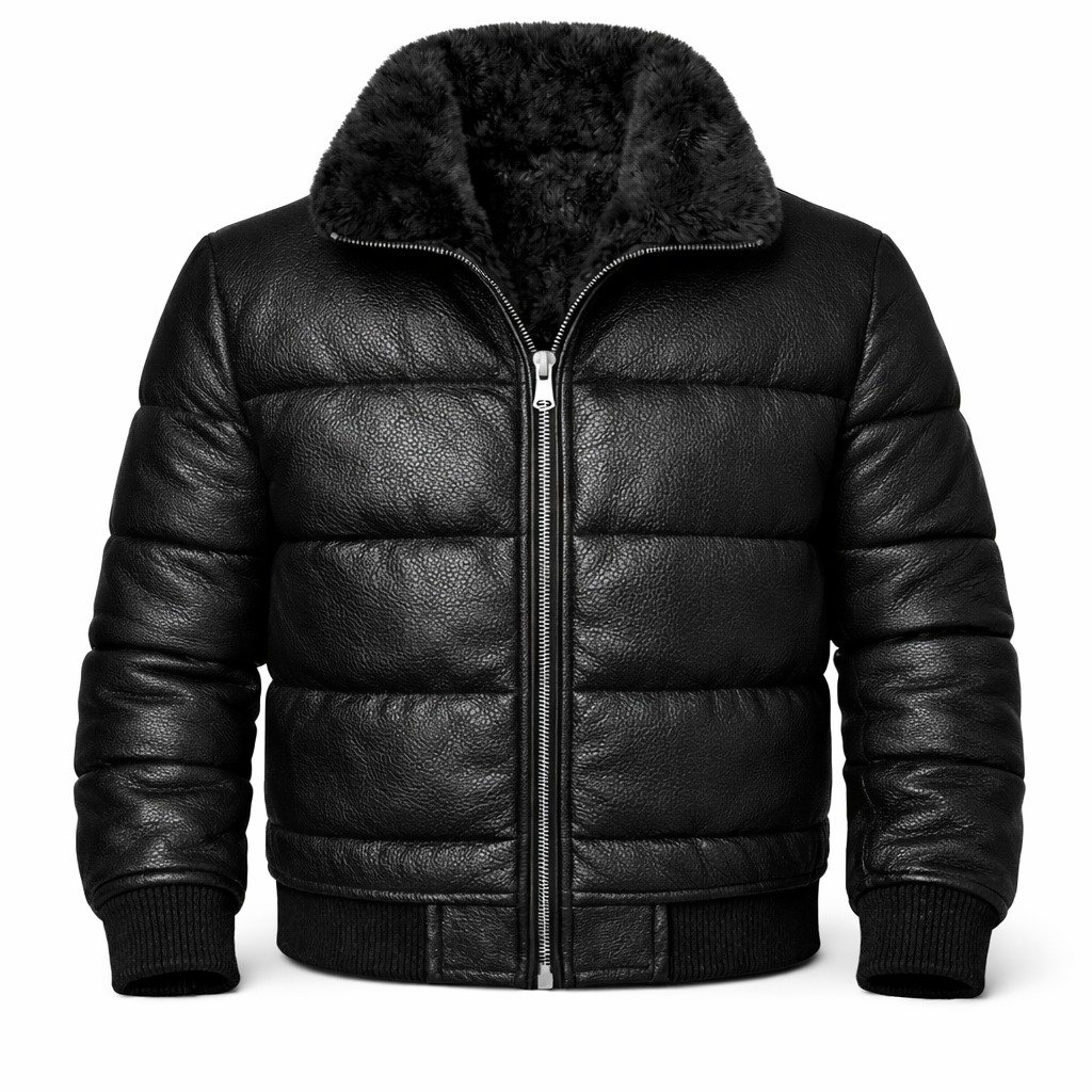 Men's Handmade Black Sheepskin Puffer Jacket | Faux Fur Zip Closure' Men's Handmade Black Sheepskin Puffer Jacket | Faux Fur Zip Closure'